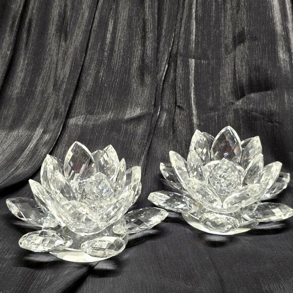 Shannon Crystal by Godinger Lotus Clear Candle Holder set NIB - Picture 2 of 6
